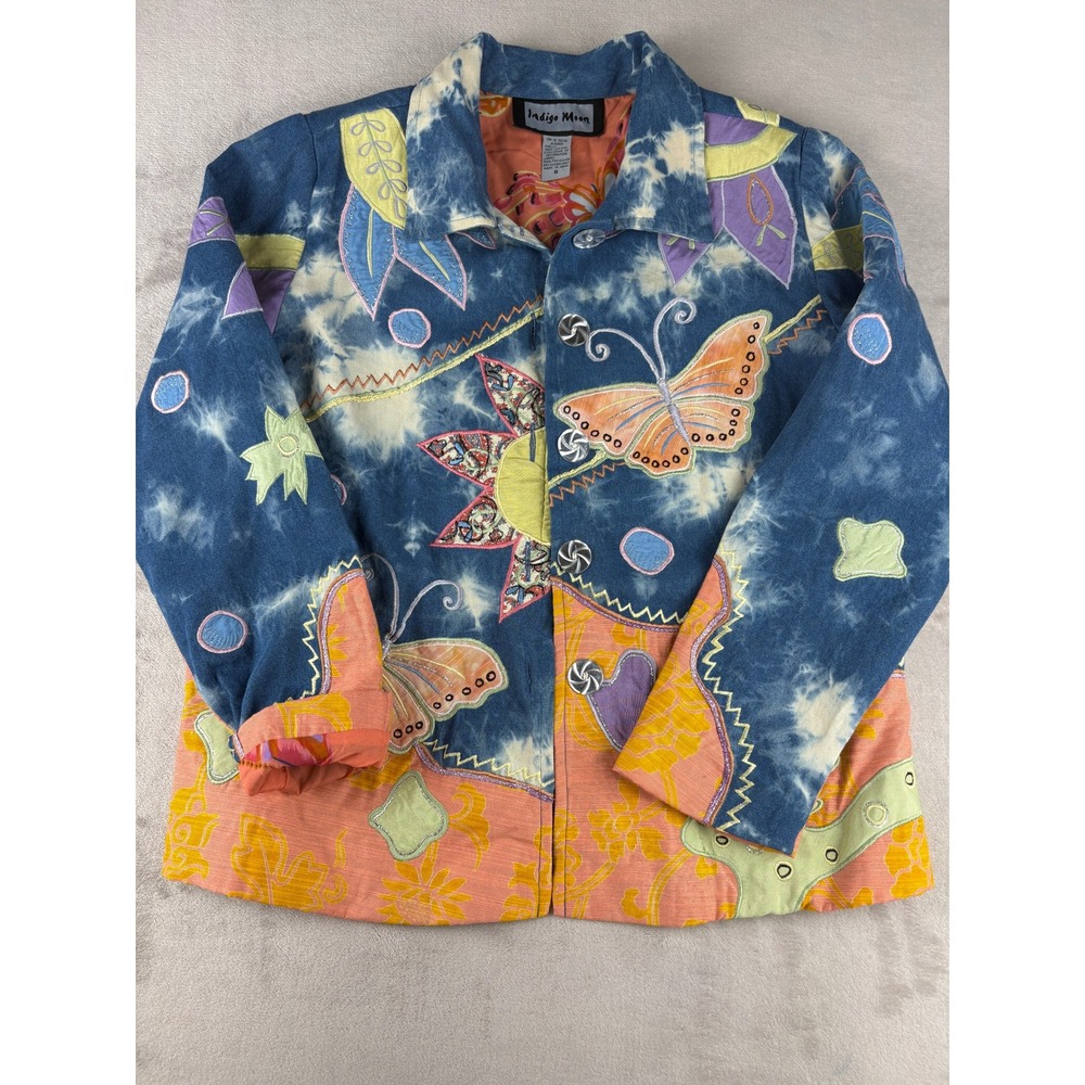 Indigo Moon Women Blue Tie Dye Butterfly Applique Sun Embroidered Jacket Small